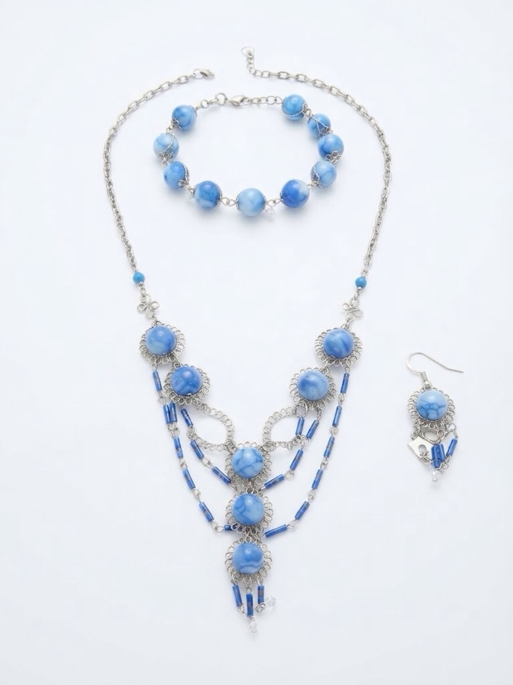 Blue Beaded Statement Necklace & Earrings Set - Women Jewelry